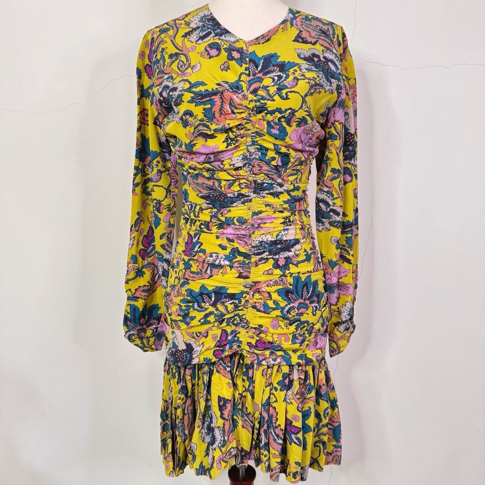 Etro Yellow Floral Silk Blend Ruched Mini Dress Size 42 Nwt Italy Romantic